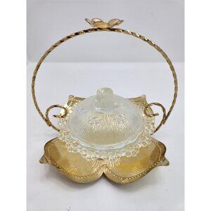 Glass Snack Bowl‎ With Lid Gold Colored Vintage Candy Dish